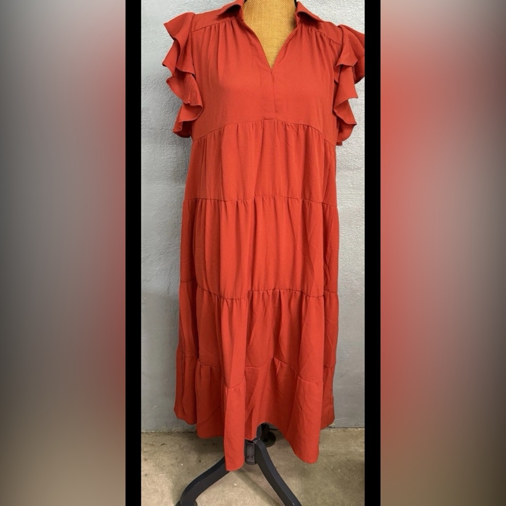 Umgee Rust Midi Dress with Ruffle Sleeves